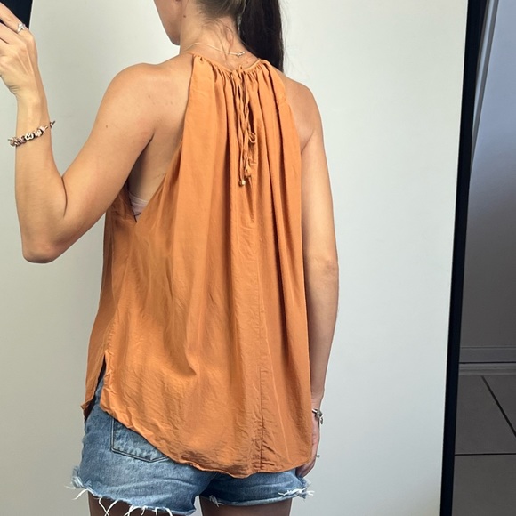 Witchery Women’s Top Bronze Orange Rust Tie Neck Trapeze & Swing Size S 10 - Picture 2 of 11